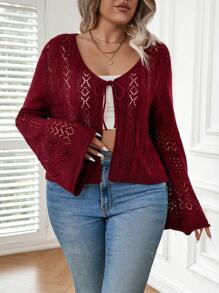 Calvaya 大碼前繫帶網眼針織喇叭袖開襟衫 - 酒紅色 - 查看 6