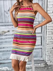 SHEIN LUNE Geo Print Fringe Hem Halter Dress - Multicolor - View 3