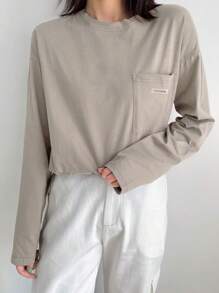 DAZY Letter Patched Detail Drop Shoulder Pocket Patched Tee,Fall Clothes Long Sleeve Women Tops