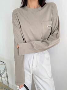 DAZY Letter Patched Detail Drop Shoulder Pocket Patched Tee,Fall Clothes Long Sleeve Women Tops