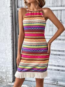 SHEIN LUNE Geo Print Fringe Hem Halter Dress - Multicolor - View 6