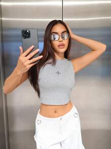 SHEIN ICON Star Print Crop Tank Top - Light Grey - View 6