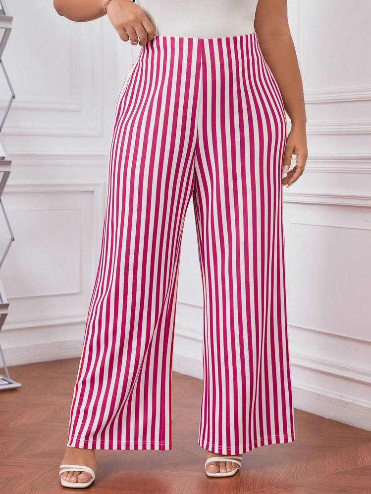 SHEIN Privé מידות גדולות פסים מכנסיים בגזרה ישרה - ורוד חם - ראה 4