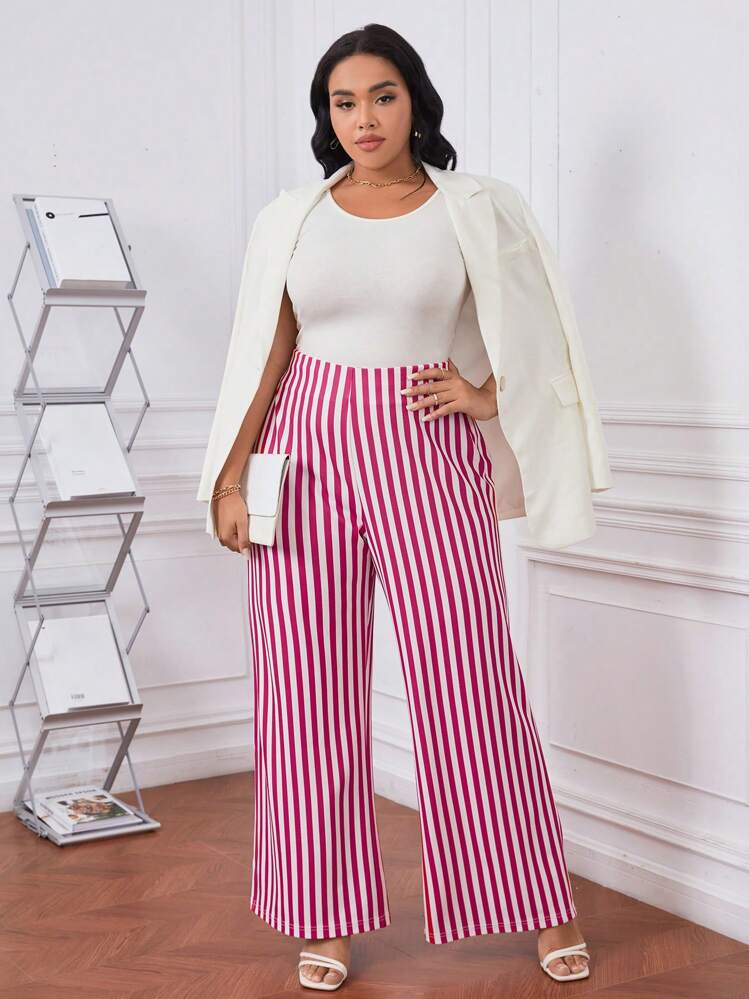 SHEIN Privé מידות גדולות פסים מכנסיים בגזרה ישרה - ורוד חם - ראה 6