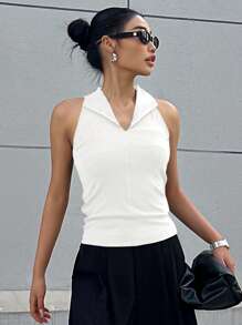 DAZY Camiseta de tirantes de cuello halter sin espalda de color uniforme - Blanco - Ver 3