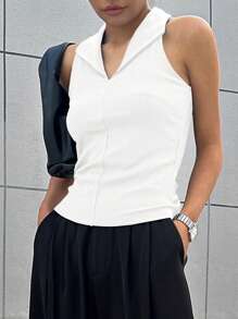 DAZY Camiseta de tirantes de cuello halter sin espalda de color uniforme - Blanco - Ver 4