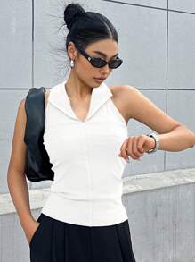 DAZY Camiseta de tirantes de cuello halter sin espalda de color uniforme - Blanco - Ver 5