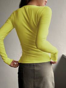 DAZY Camiseta de punto acanalado con botones a la mitad, ropa de otoño, ropa de vuelta al colegio, blusas de manga larga para mujer - Amarillo - Ver 2