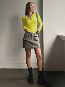 DAZY Camiseta de punto acanalado con botones a la mitad, ropa de otoño, ropa de vuelta al colegio, blusas de manga larga para mujer - Amarillo - Ver 4