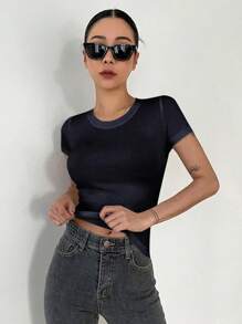 DAZY 素色撞色滾邊短款T恤 - 藏蓝色 - 查看 1