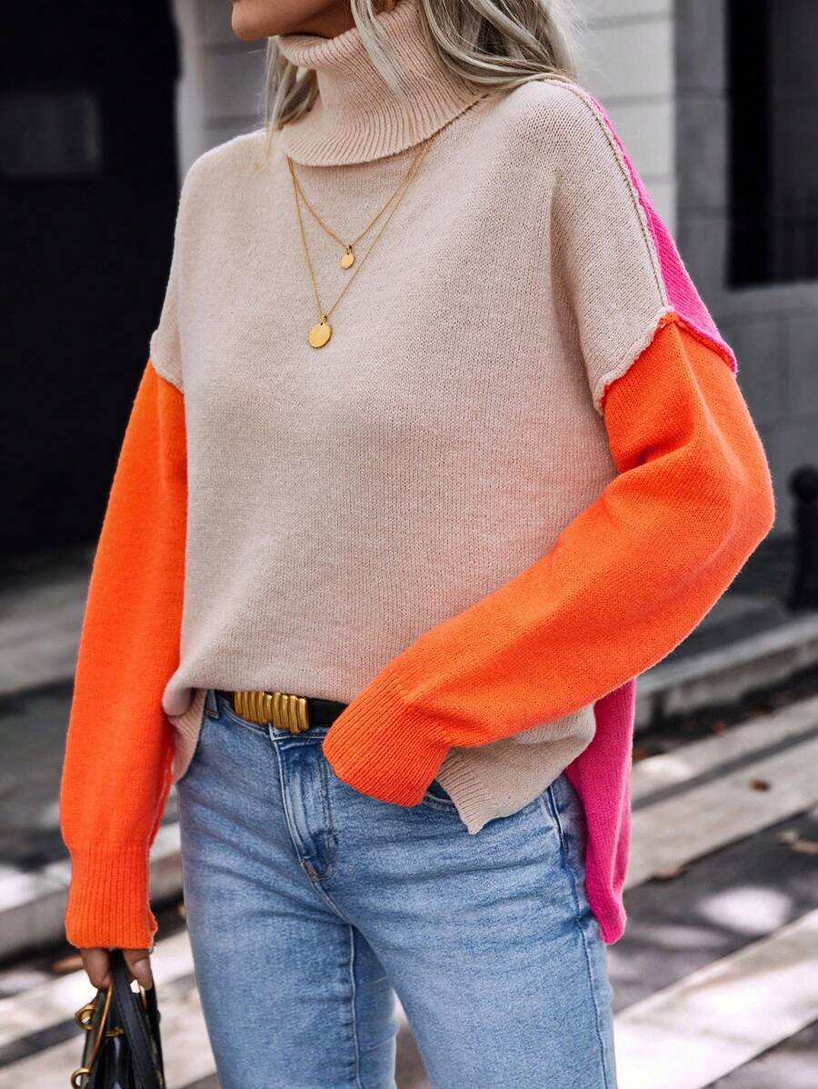 SHEIN LUNE 撞色高领落肩针织套头衫秋冬毛衣 - 彩色 - 查看 1