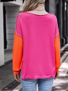 SHEIN LUNE 撞色高领落肩针织套头衫秋冬毛衣 - 彩色 - 查看 2