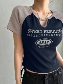 DAZY 字母圖案缺口領拼接插肩袖短款T恤 - 藏蓝色 - 查看 5