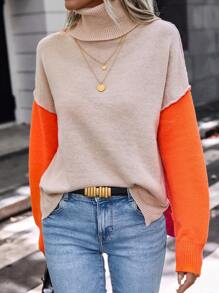 SHEIN LUNE 撞色高领落肩针织套头衫秋冬毛衣 - 彩色 - 查看 3