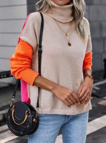 SHEIN LUNE 撞色高领落肩针织套头衫秋冬毛衣 - 彩色 - 查看 6