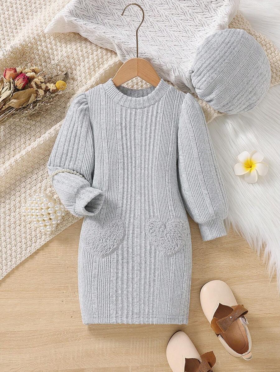 SHEIN 女小童愛心貼布燈籠袖衛衣連衣裙&帽 - 淺灰色 - 查看 1