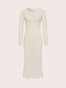 SHEIN EZwear Chất rắn Cổ v Tay Raglan Đầm - Màu be - Xem 1