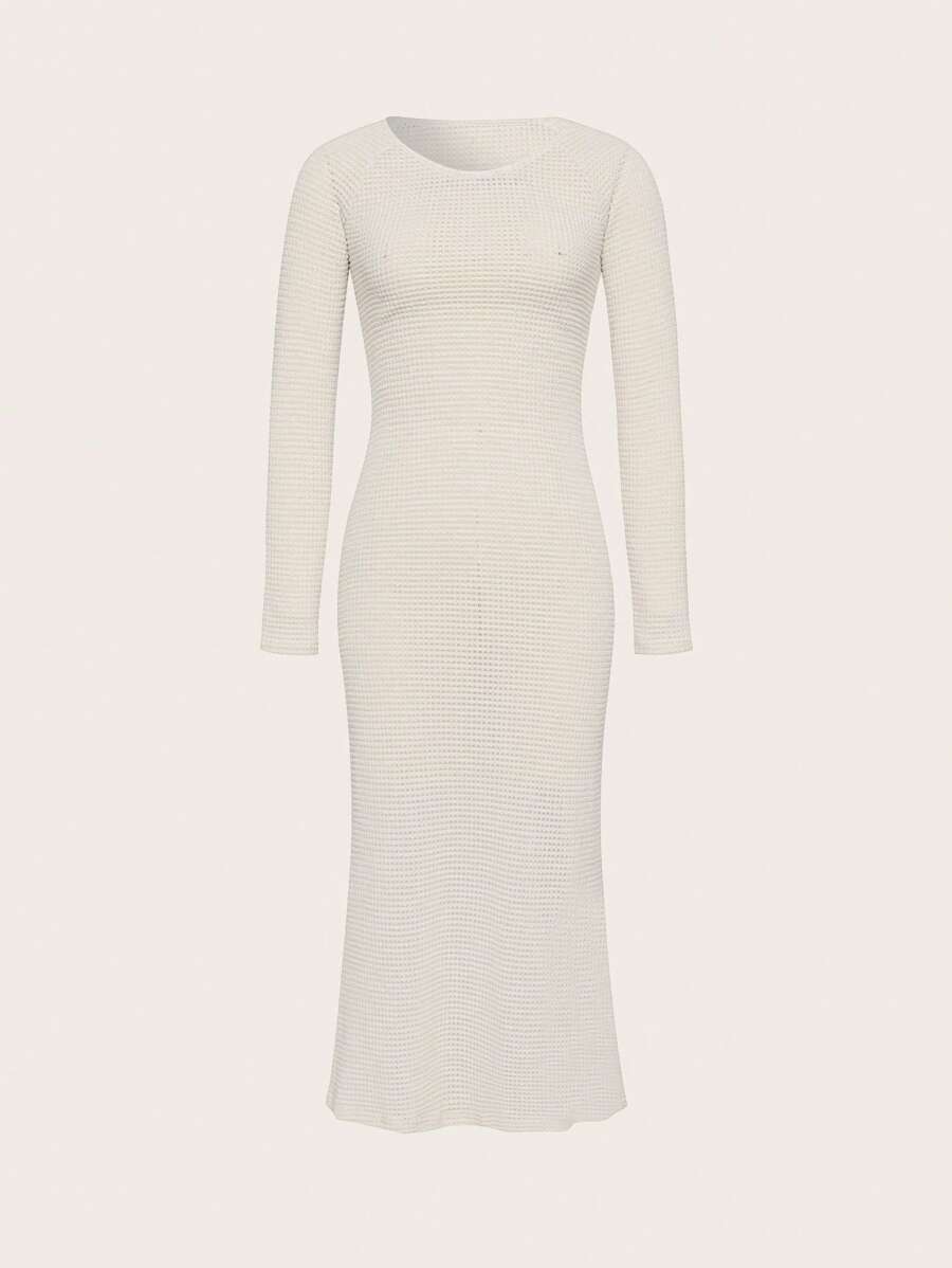 SHEIN EZwear Chất rắn Cổ v Tay Raglan Đầm - Màu be - Xem 1