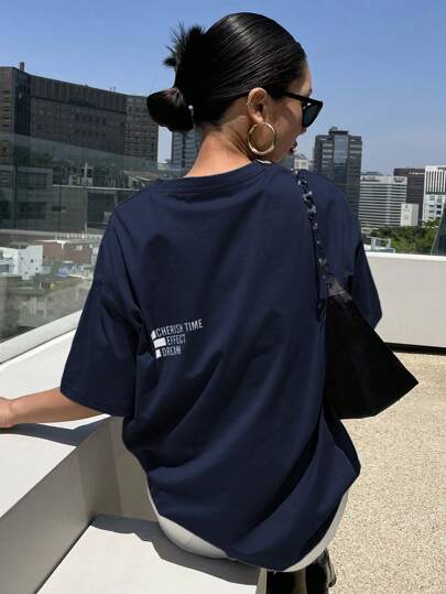 DAZY Slogan Graphic Drop Shoulder Tee CHERISH TIME EFFECT DREAM Oversized T-Shirt