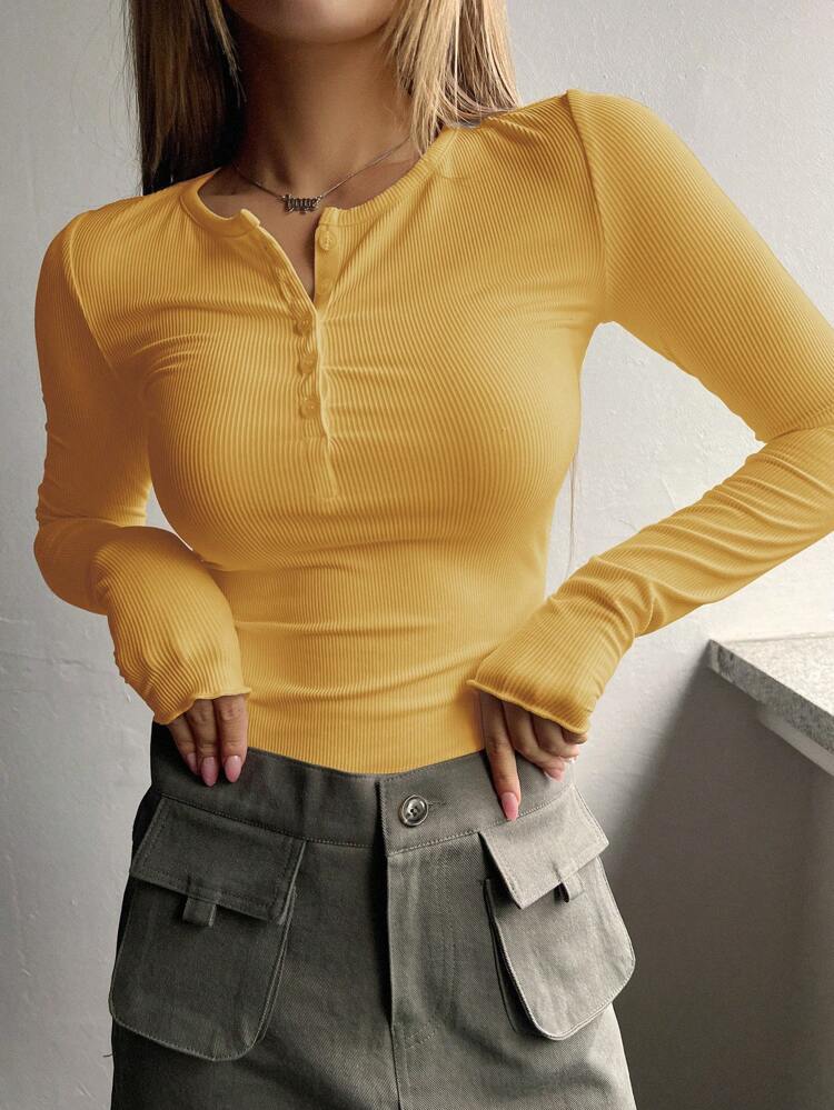 Half Button Ribbed Knit Tee,Fall Clothes,Back To School Clothes Long Sleeve Women Tops