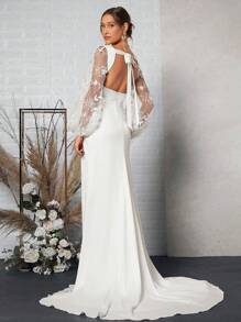 SHEIN Belle Vestido de novia de malla en contraste de manga farol de espalda abierta con cordón largo