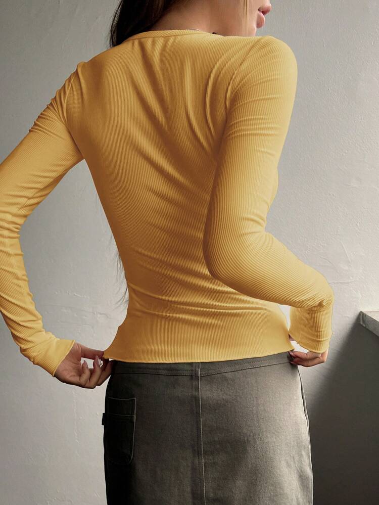 Half Button Ribbed Knit Tee,Fall Clothes,Back To School Clothes Long Sleeve Women Tops