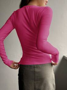 DAZY Half Button Ribbed Knit Tee,Fall Clothes Long Sleeve Women Tops - Hot Pink - View 2