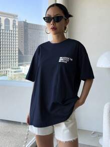 DAZY 标语图案落肩T恤 CHERISH TIME EFFECT DREAM 超大T恤 - 藏蓝色 - 查看 3