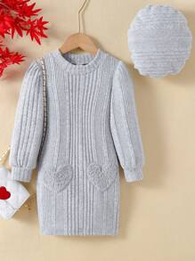 SHEIN 女小童愛心貼布燈籠袖衛衣連衣裙&帽 - 淺灰色 - 查看 5