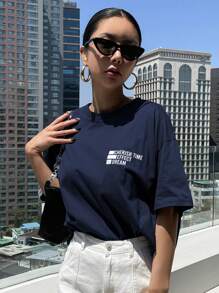 DAZY 标语图案落肩T恤 CHERISH TIME EFFECT DREAM 超大T恤 - 藏蓝色 - 查看 5