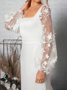 SHEIN Belle Vestido de novia de malla en contraste de manga farol de espalda abierta con cordón largo