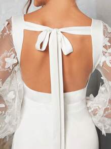 SHEIN Belle Vestido de novia de malla en contraste de manga farol de espalda abierta con cordón largo