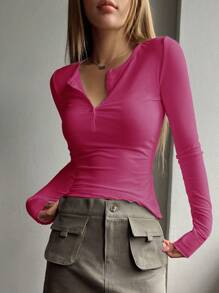 DAZY Half Button Ribbed Knit Tee,Fall Clothes Long Sleeve Women Tops - Hot Pink - View 5