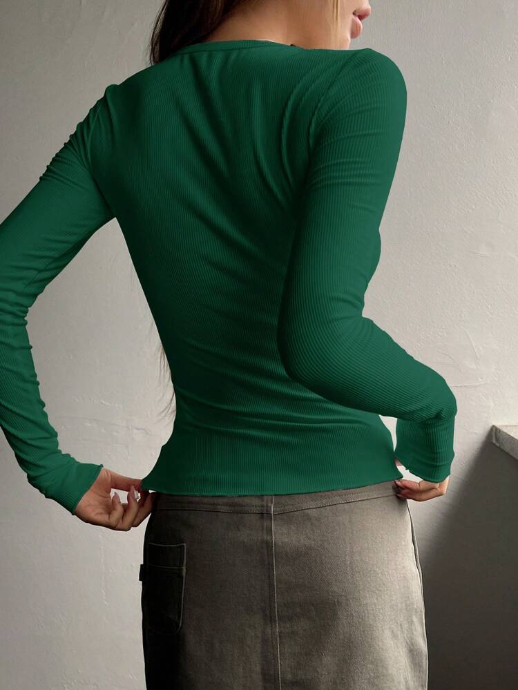 Half Button Ribbed Knit Tee,Fall Clothes,Back To School Clothes Long Sleeve Women Tops