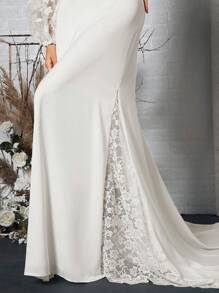 SHEIN Belle Vestido de novia de malla en contraste de manga farol de espalda abierta con cordón largo