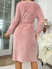Heart Embroidery Belted Flannel Lounge Robe - Dusty Pink - View 2