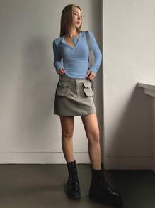 DAZY 半扣罗纹针织 T 恤，秋季服装学院风上衣，长袖女式上衣