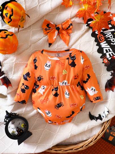 女嬰萬聖印花連身背心＆ 頭巾