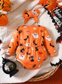 女嬰萬聖印花連身背心＆ 頭巾 - 橘色 - 查看 2