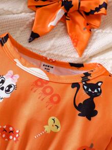 女嬰萬聖印花連身背心＆ 頭巾 - 橘色 - 查看 3