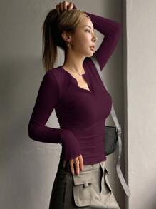 DAZY Enfärgad ribbad stickad t-shirt med halva knappar, höstkläder, långärmade toppar för kvinnor