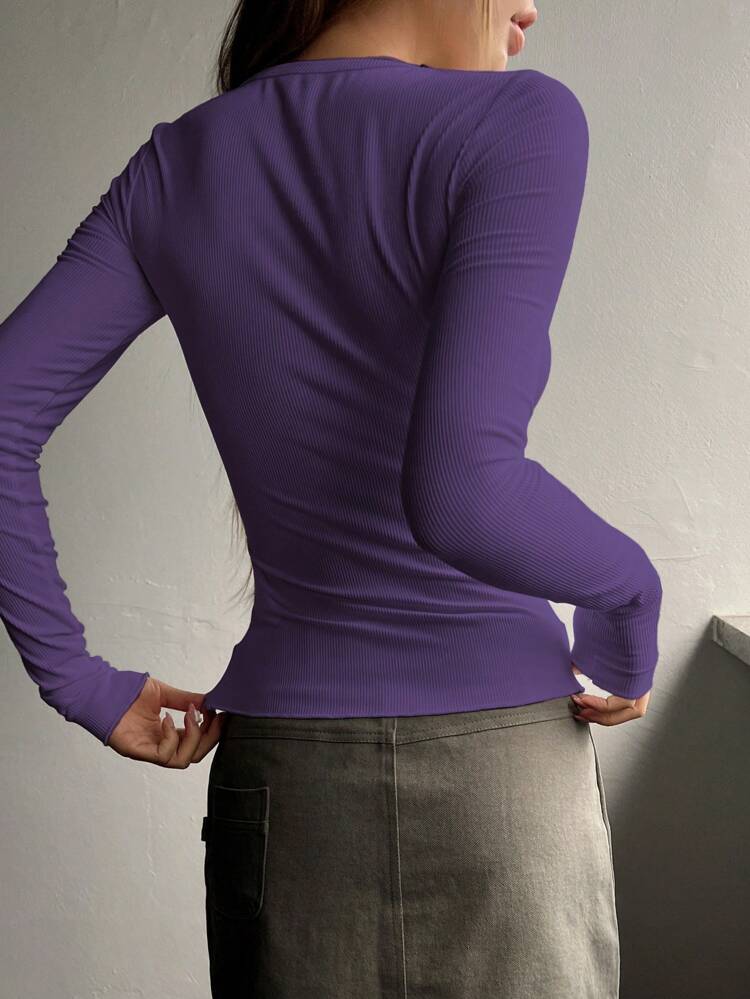 Half Button Ribbed Knit Tee,Fall Clothes Long Sleeve Women Tops