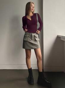 DAZY Enfärgad ribbad stickad t-shirt med halva knappar, höstkläder, långärmade toppar för kvinnor