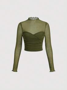 SHEIN MOD Lettuce Trim Ruched Mesh Top - Army Green - View 1