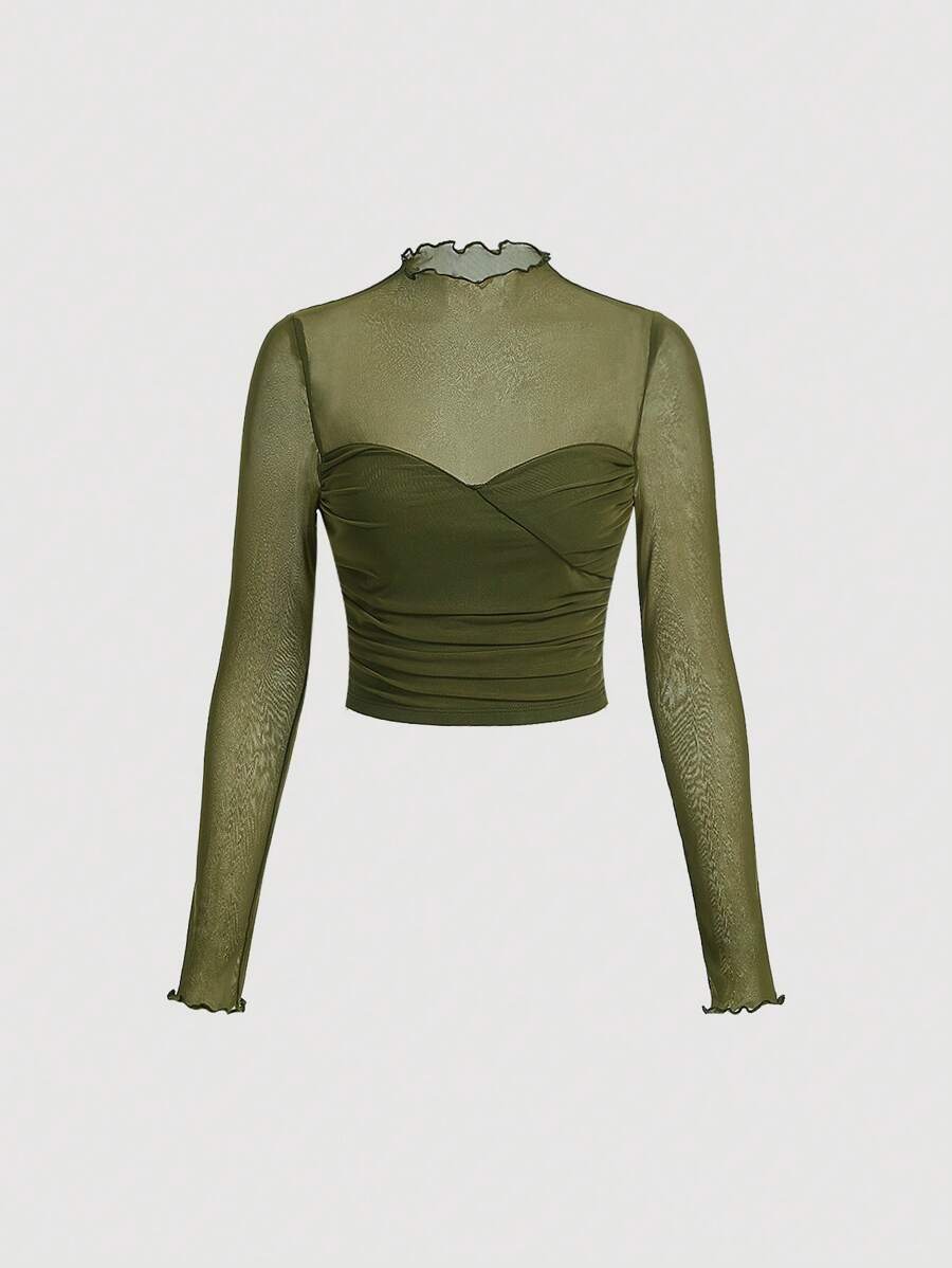 SHEIN MOD Lettuce Trim Ruched Mesh Top - Army Green - View 1