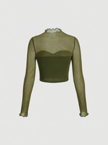 SHEIN MOD Lettuce Trim Ruched Mesh Top - Army Green - View 2