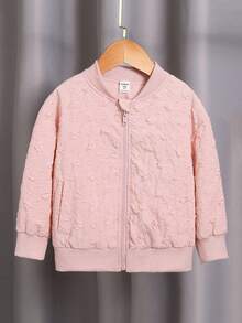 SHEIN Young Girl Bear & Letter Embroidery Bomber Jacket - Pink - View 2