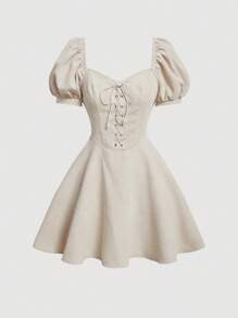 SHEIN MOD 雞心領口泡泡袖前繫帶連衣裙 - 米色 - 查看 1