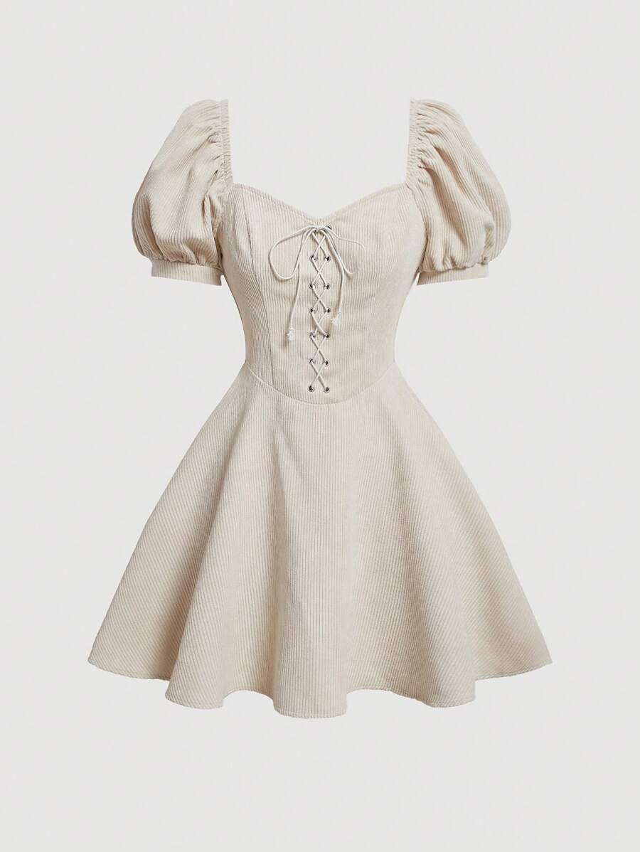 SHEIN MOD 雞心領口泡泡袖前繫帶連衣裙 - 米色 - 查看 1