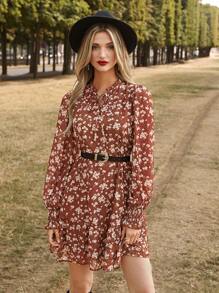 SHEIN Frenchy 碎花繫帶領洋裝不附腰帶 - 彩色 - 查看 5